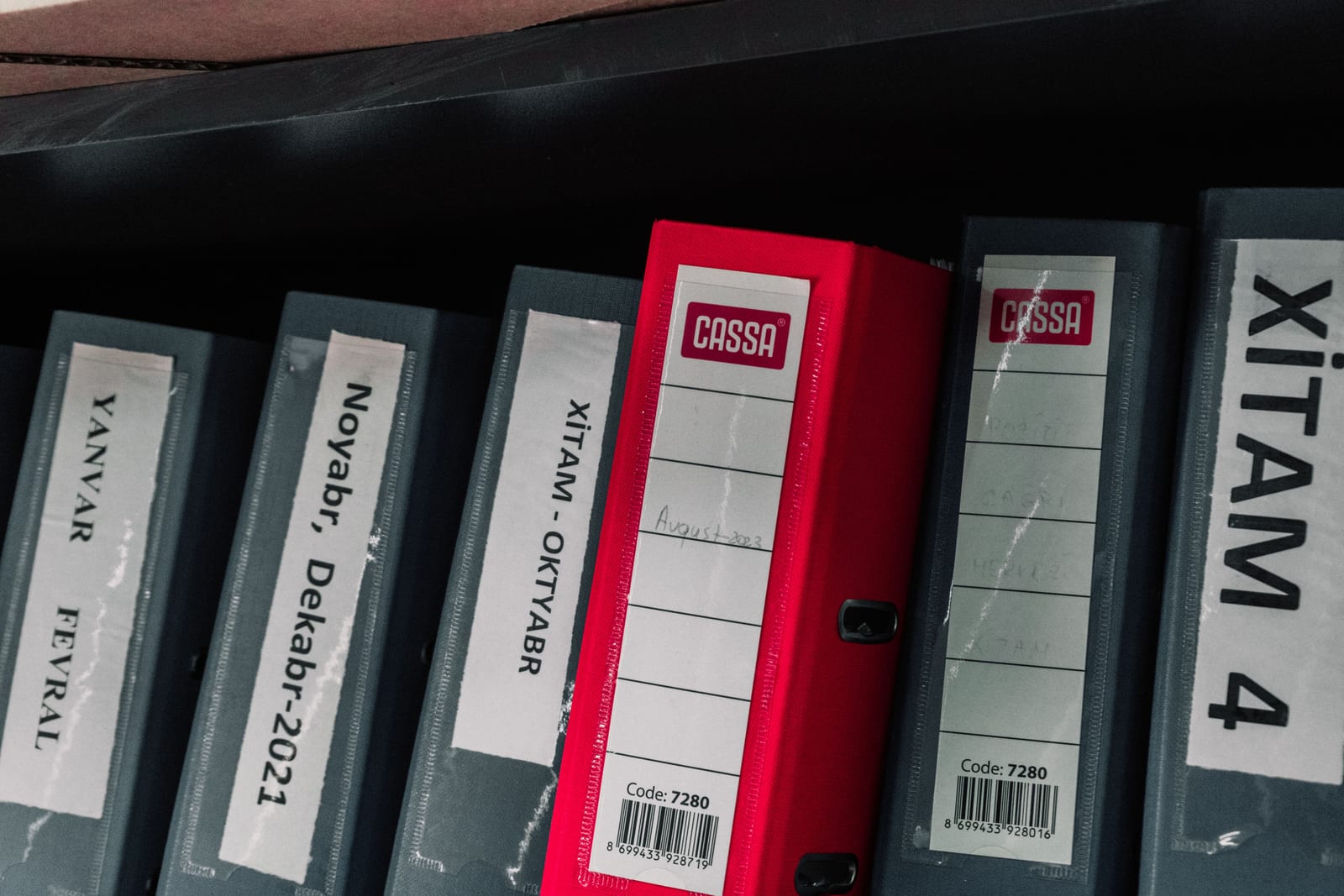 Rows of labelled case folders with coloured tabs on an office shelf.